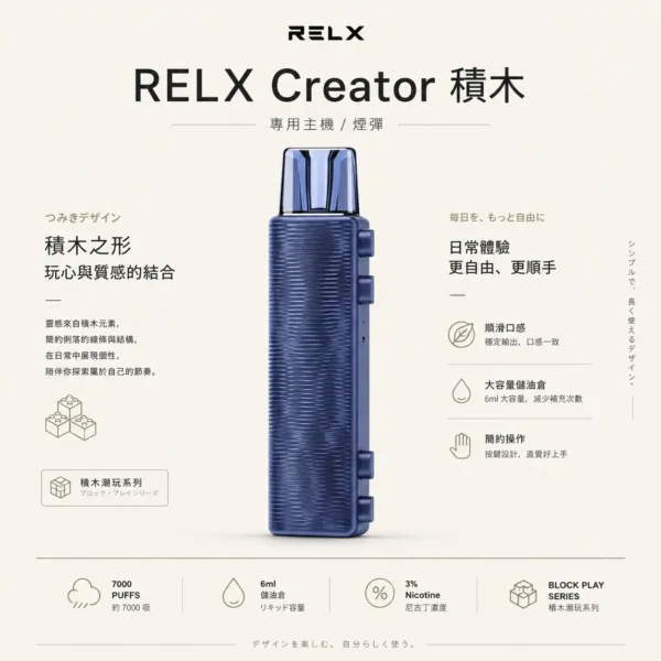ChatGPT-Image-2026年8月21日-01_05_36.webp RELX 悅刻 Creator 積木拋棄式電子煙7000口|配備6ml儲油倉與3%尼古丁鹽 台灣現貨