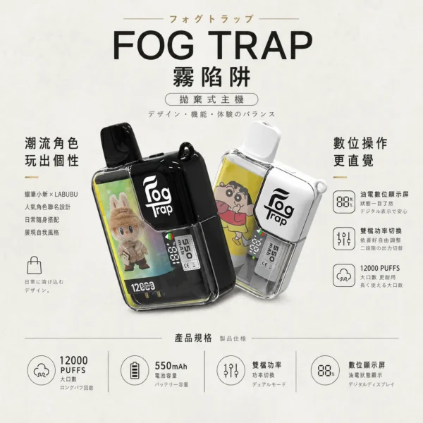 ChatGPT-Image-2026年8月22日-下午06_36_11.webp 【買十送一】Fog Trap 限量聯名 蠟筆小新 × LABUBU 12000口拋棄式電子煙|配備油電數位顯示屏 台灣現貨