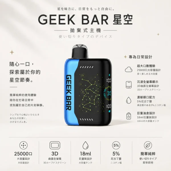 ChatGPT-Image-2026年8月22日-下午07_29_27.webp 【買5贈1】GEEK BAR Pulse X 星空系列 25000口 拋棄式電子煙|具備3D 曲面全螢幕視覺設計 台灣現貨