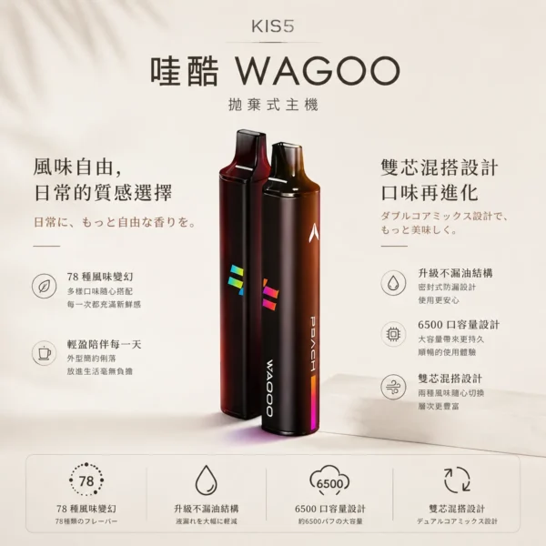 ChatGPT-Image-2026年8月23日-下午03_56_44.webp WAGOO 哇酷 KIS5 6500口 拋棄式電子煙|具備升級不漏油結構 台灣現貨