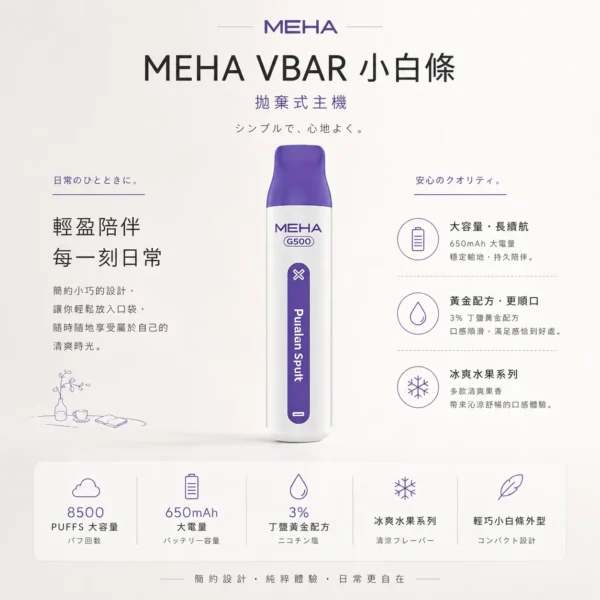 MEHA VBar 魅嗨 小白條 8500口 拋棄式電子煙｜具備 3% 尼古丁鹽黃金配方 台灣現貨