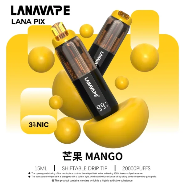 LANA-PIX-閃光彈-一次性20000口-芒果.webp LANA PIX 閃光彈 20000口拋棄式電子煙|可摺疊式吸嘴配備 15ml儲油 台灣現貨