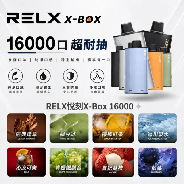 RELX-X-box-16000-RELX拋棄式16000口-RELX電子煙官網.webp RELX 悅刻 X-BOX 16000口專用換彈拋棄式電子煙套裝|搭配12W-16W雙段功率調節 台灣現貨