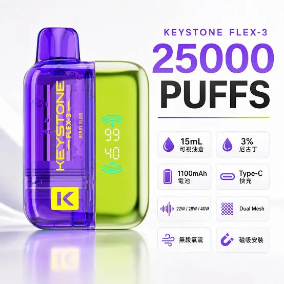 images.webp 【買一盒煙彈送主機】KEYSTONE FLEX-3 鑰石 25000口換彈式拋棄式電子煙|15ml透明可視油艙 台灣現貨